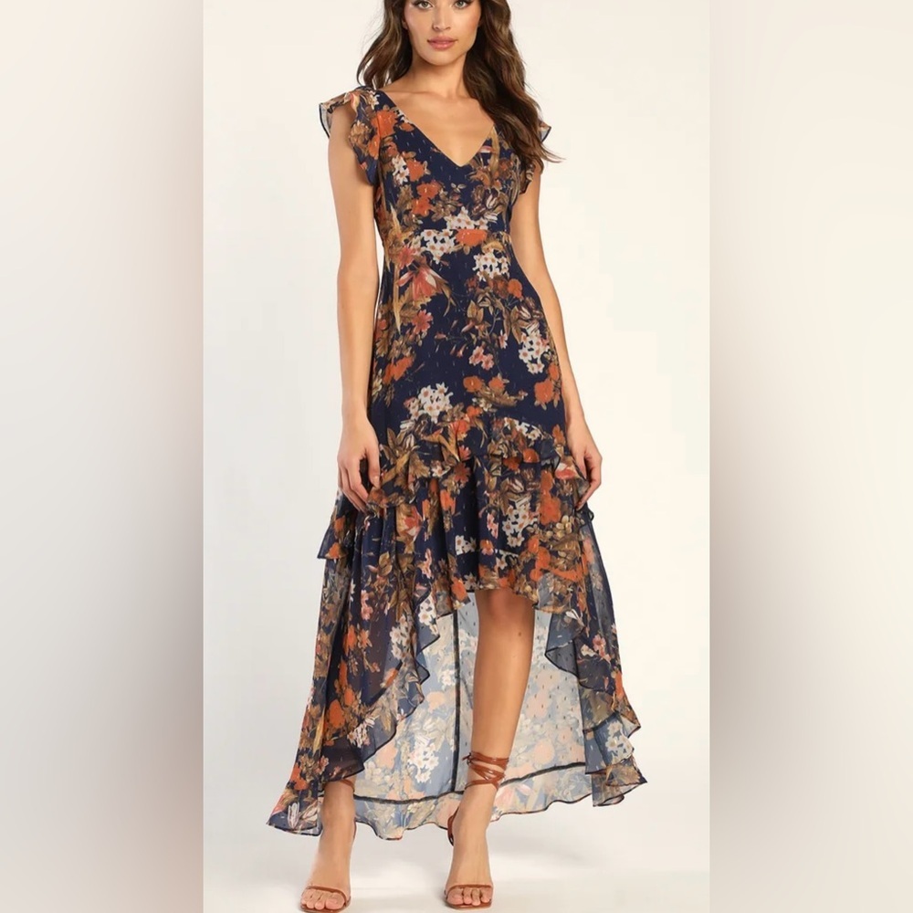 Lulus Maxi Dress “Stunning Favorite” Floral Ruffled High-Low M